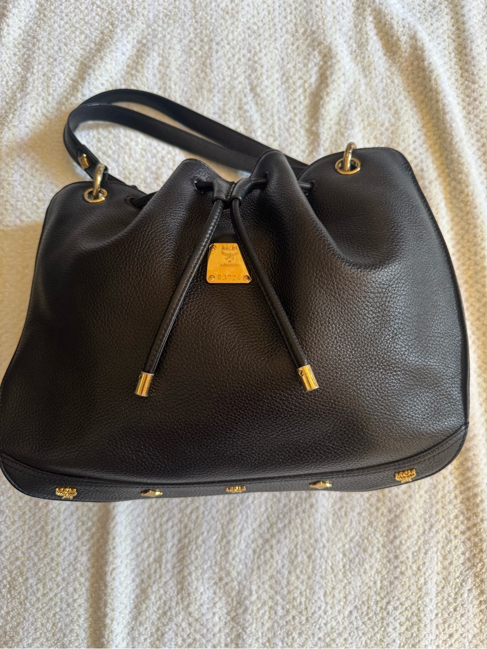 Classic Black Drawstring Leather Tote Bag